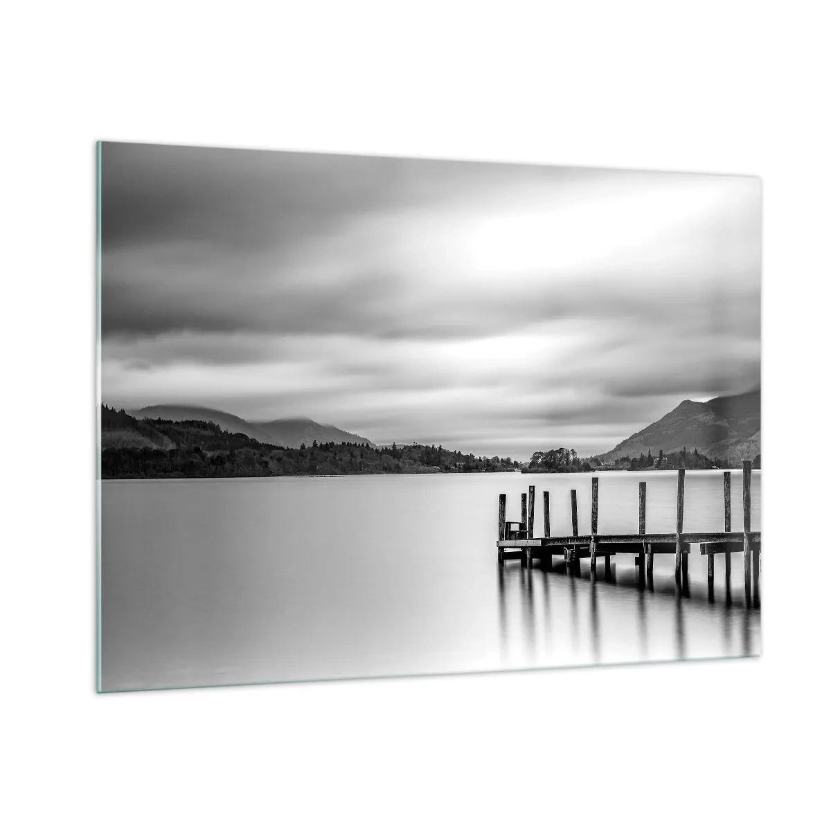 Cuadro sobre vidrio - Impresiones sobre Vidrio - Paisaje en blanco y negro con un lago y un muelle de madera. - 100x70cm - Dulzura y la fuerza - Decoración de pared moderna para salón y dormitorio ARTTOR