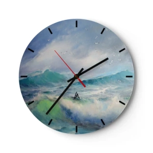 Reloj de pared - Reloj de vidrio - Una imagen de olas del mar con gaviotas en un cielo azul. - 30x30cm - La fuerza del viento - Decoración de pared moderna para salón, cocina y dormitorio ARTTOR