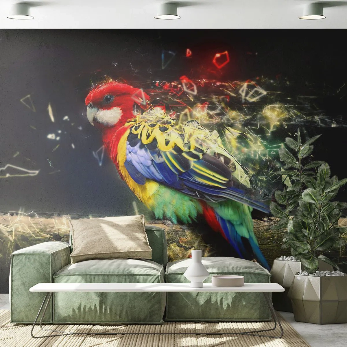 Fotomural Premium Sand - Loro colorido con efecto de dispersión sobre un fondo oscuro. - 100x70cm - Un mensajero del glamour - Decoración de pared moderna para salón y dormitorio ARTTOR