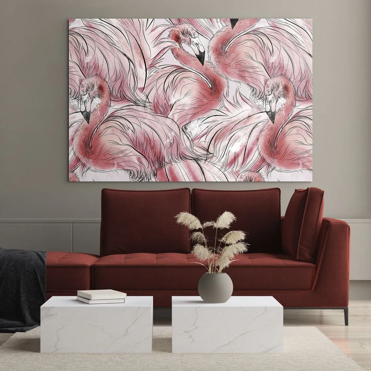 Cuadro sobre vidrio - Impresiones sobre Vidrio - Flamencos rosados en un estilo de dibujos animados decorativos. - 70x50cm - Ballet de aves - Decoración de pared moderna para salón y dormitorio ARTTOR