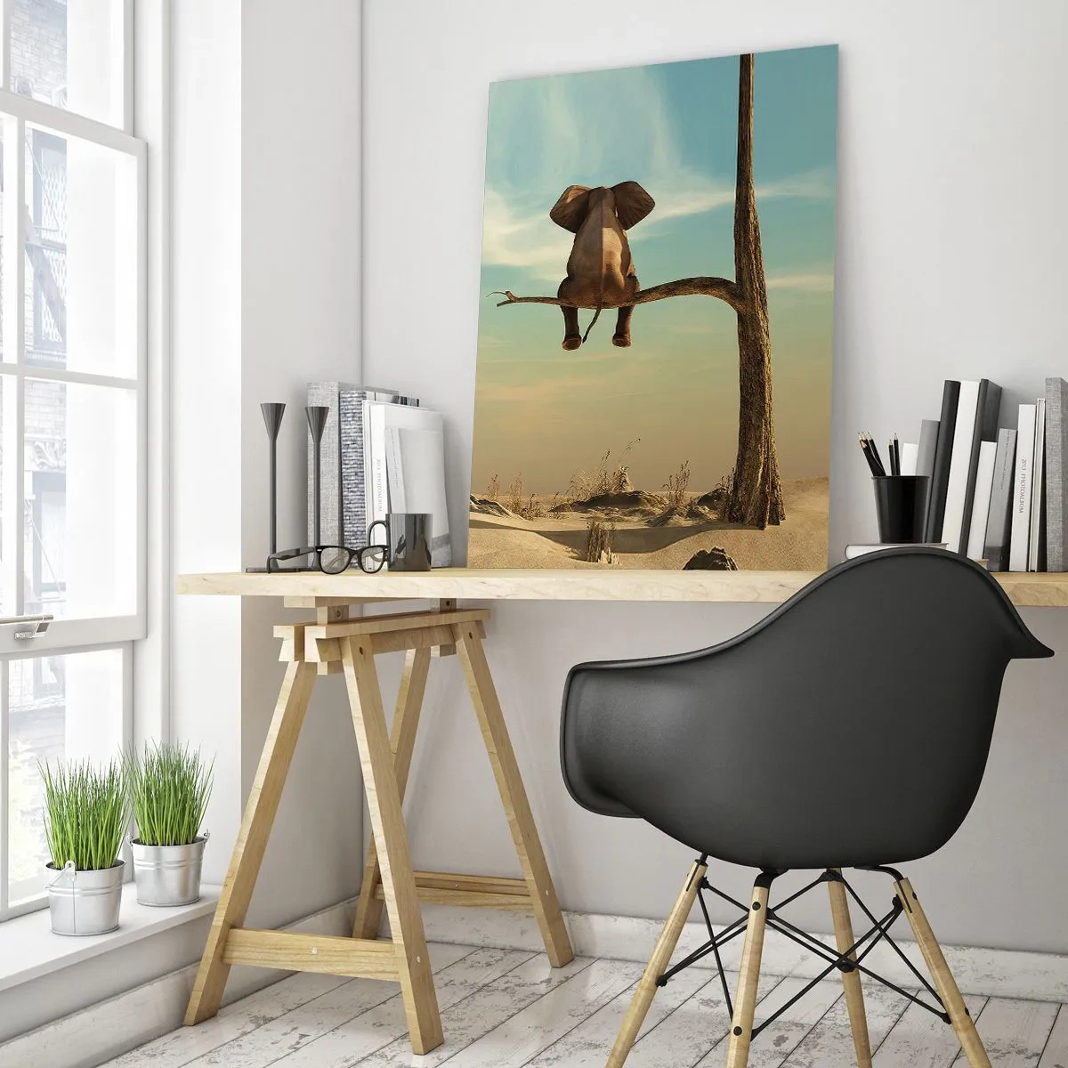 Cuadro sobre vidrio - Impresiones sobre Vidrio - Un elefante sentado en una rama con vistas a un paisaje desértico. - 80x120cm - Un nuevo punto de vista - Decoración de pared moderna para salón y dormitorio ARTTOR