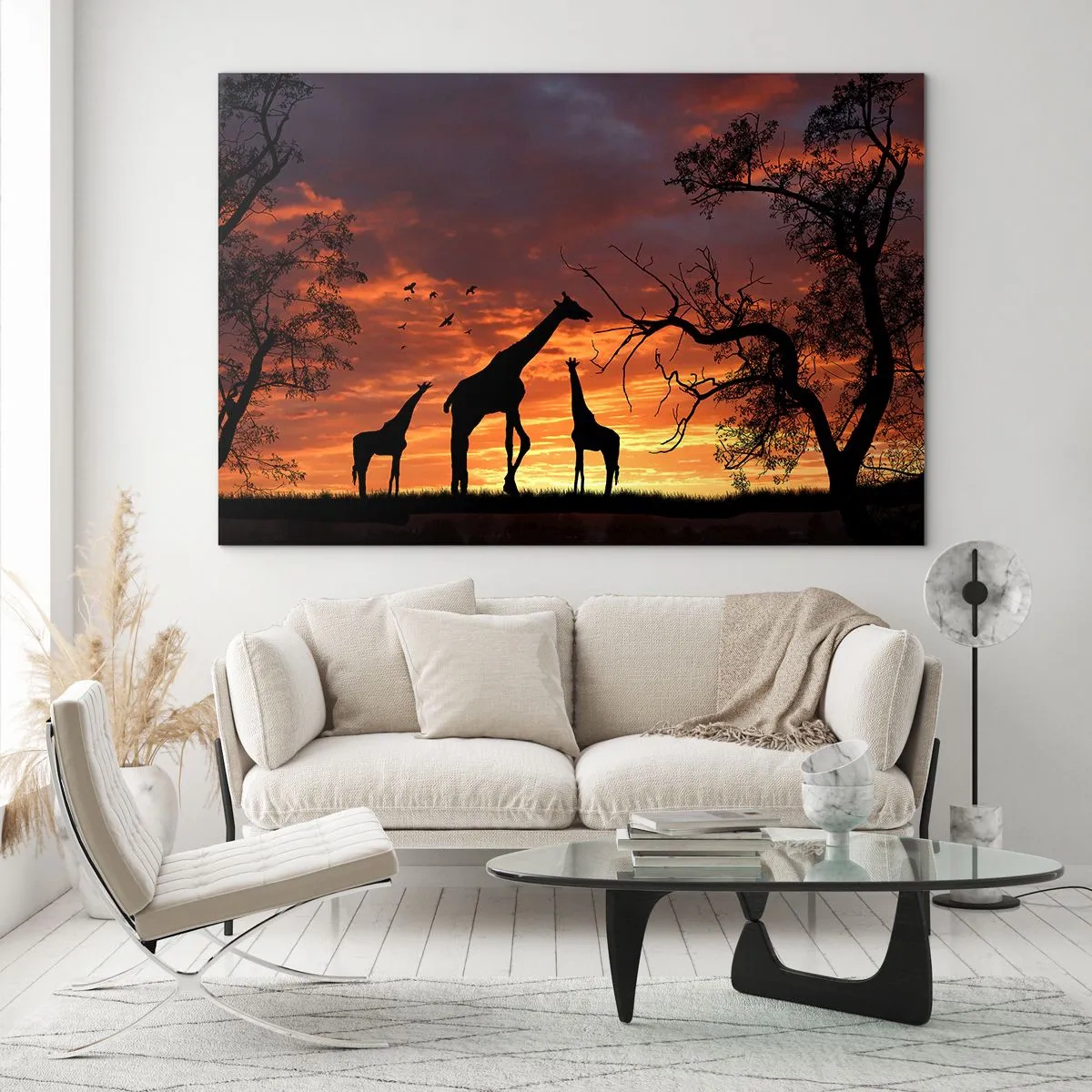 Cuadro sobre vidrio - Impresiones sobre Vidrio - Siluetas de jirafas con el telón de fondo de una puesta de sol en un paisaje africano - 70x50cm - Una pequeña cena con tus seres queridos - Decoración de pared moderna para salón y dormitorio ARTTOR