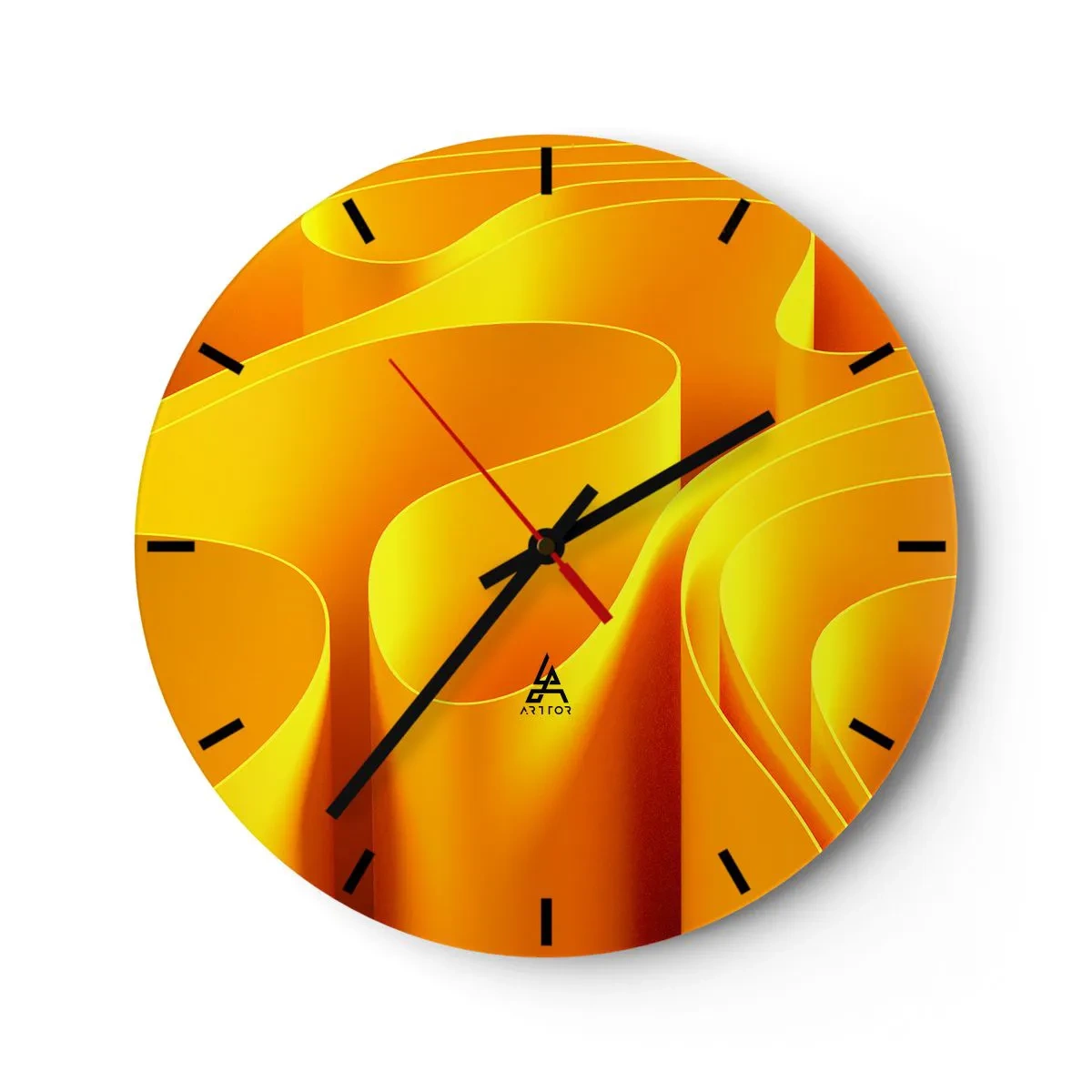 Reloj de pared - Reloj de vidrio - Formas abstractas doradas que se asemejan a ondas de luz. - 30x30cm - Como las olas del sol - Decoración de pared moderna para salón, cocina y dormitorio ARTTOR
