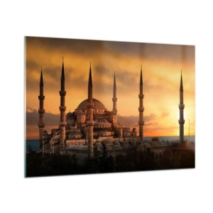 Cuadro sobre vidrio - Impresiones sobre Vidrio - La Mezquita Azul con el atardecer como telón de fondo - 100x70cm - Dios es grande - Decoración de pared moderna para salón y dormitorio ARTTOR