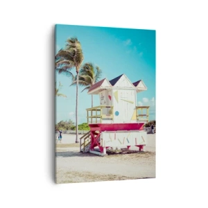 Cuadro sobre lienzo - Impresión de Imagen - Una playa con palmeras y una torre de salvavidas al fondo. - 50x70cm - Un hermoso día por delante - Decoración de pared moderna para salón y dormitorio ARTTOR