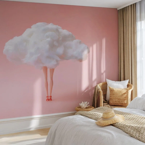 Fotomural Premium Canvas - Piernas en una nube sobre un fondo rosa - 100x70cm - Dulce promesa - Decoración de pared moderna para salón y dormitorio ARTTOR
