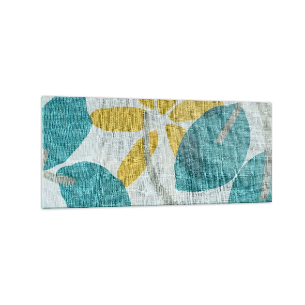 Cuadro sobre vidrio - Impresiones sobre Vidrio - Hojas en tonos turquesa y amarillo sobre un fondo claro. - 120x50cm - Entre hojas azules - Decoración de pared moderna para salón y dormitorio ARTTOR