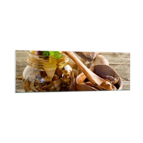 Cuadro sobre vidrio - Impresiones sobre Vidrio - Setas naturales en un tarro sobre una mesa rústica - 160x50cm - Ya sea fresco, o salado, o de temporada de otoño.... - Decoración de pared moderna para salón y dormitorio ARTTOR
