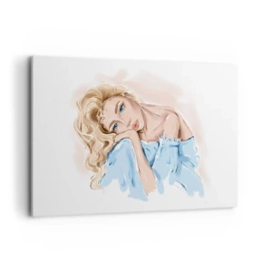 Cuadro sobre lienzo - Impresión de Imagen - Retrato de una mujer con un vestido azul y cabello rubio. - 120x80cm - Soñar en azul - Decoración de pared moderna para salón y dormitorio ARTTOR