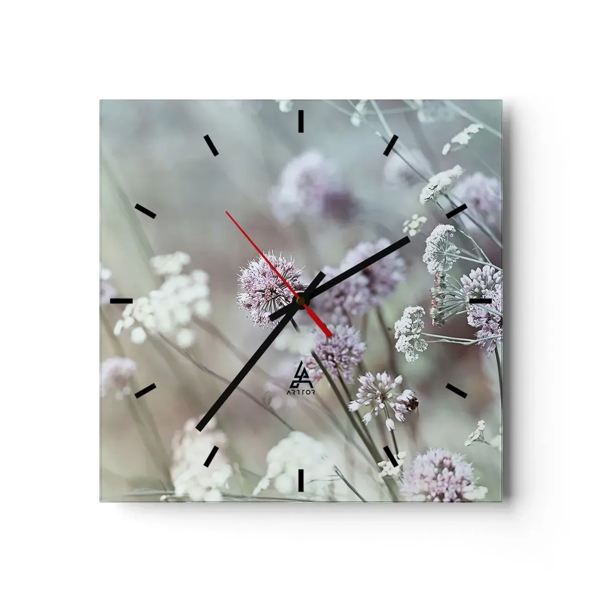 Reloj de pared - Reloj de vidrio - Delicadas flores en tonos pastel. - 30x30cm - Dulces filigranas de hierbas - Decoración de pared moderna para salón y dormitorio ARTTOR