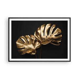 Póster en marco negro - Hojas de monstera doradas sobre fondo negro - 100x70cm - Tesoros de la naturaleza - Decoración de pared moderna para salón y dormitorio ARTTOR