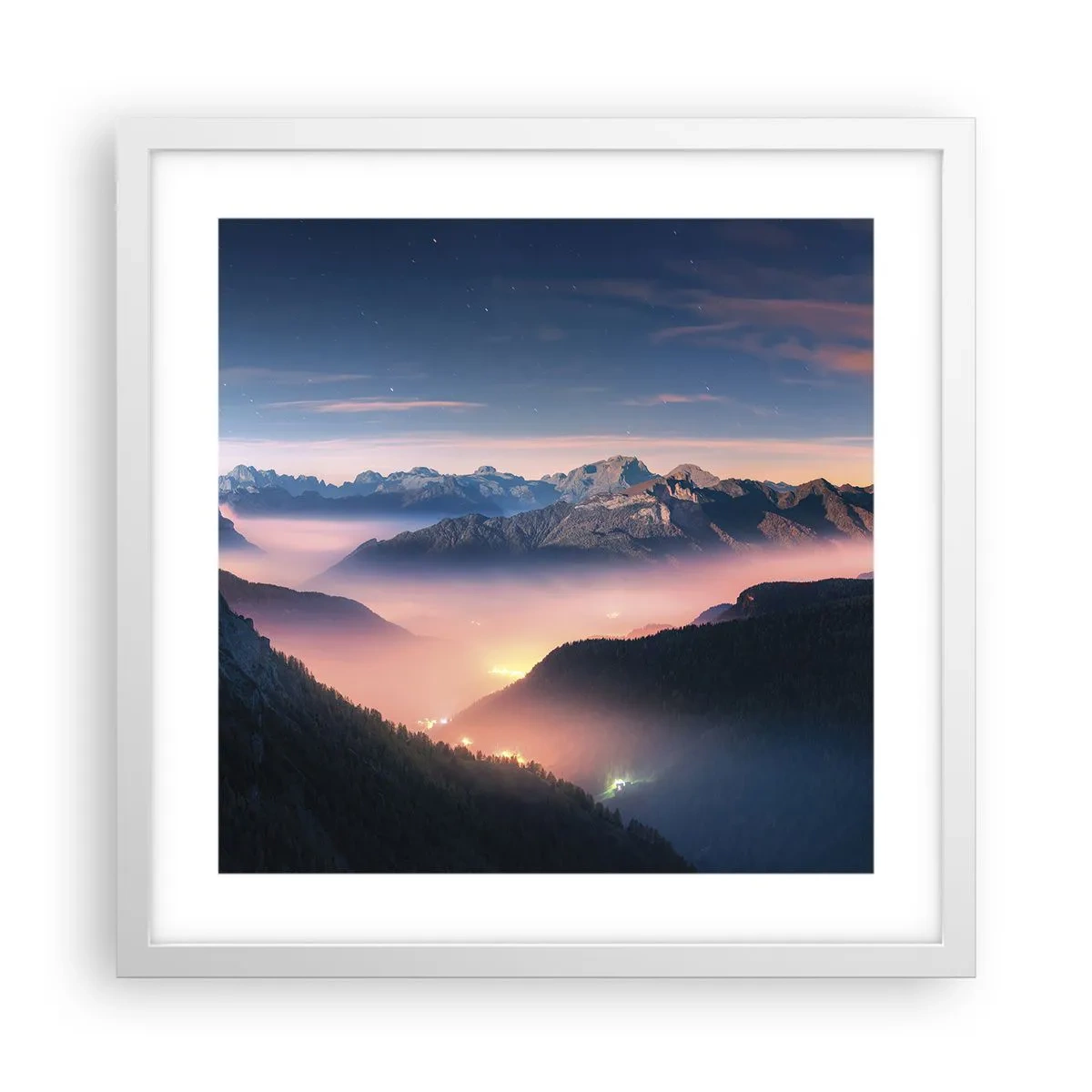 Póster en marco blanco - Luz en los valles - 40x40 cm