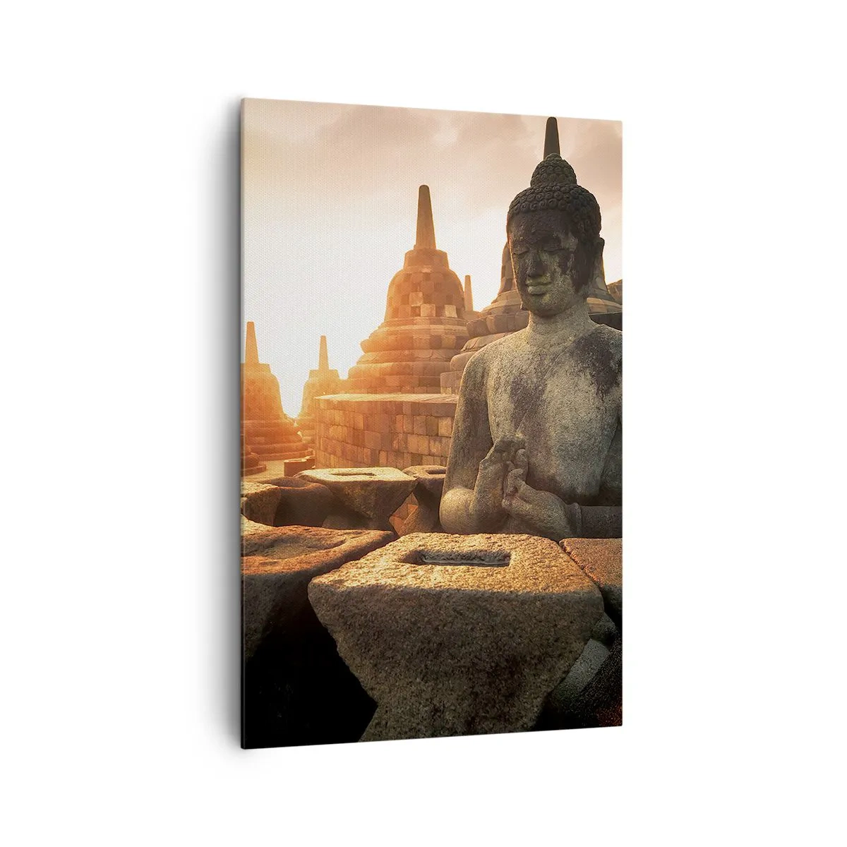 Cuadro sobre lienzo - Impresión de Imagen - Estatua de Buda en el templo de Borobudur al atardecer - 80x120cm - Tiempo de gran sabiduría - Decoración de pared moderna para salón y dormitorio ARTTOR