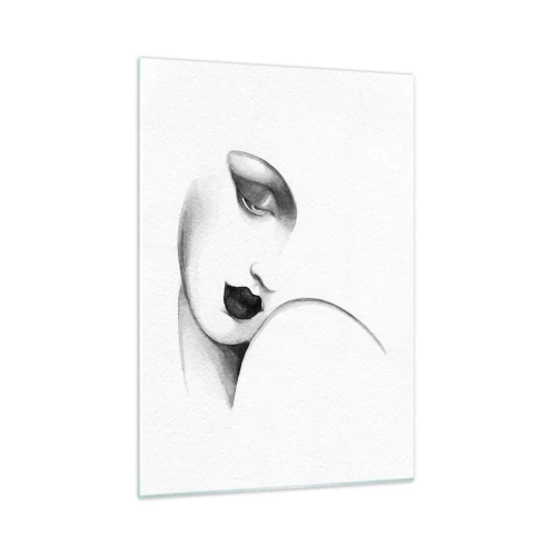Cuadro sobre vidrio - Impresiones sobre Vidrio - Boceto Art Déco de un rostro de mujer en blanco y negro - 50x70cm - Pensativa - Decoración de pared moderna para salón y dormitorio ARTTOR