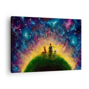 Cuadro sobre lienzo - Impresión de Imagen - Figuras en una colina verde rodeada de un cielo estrellado. - 70x50cm - Amor y amistad - lo único entero - Decoración de pared moderna para salón y dormitorio ARTTOR