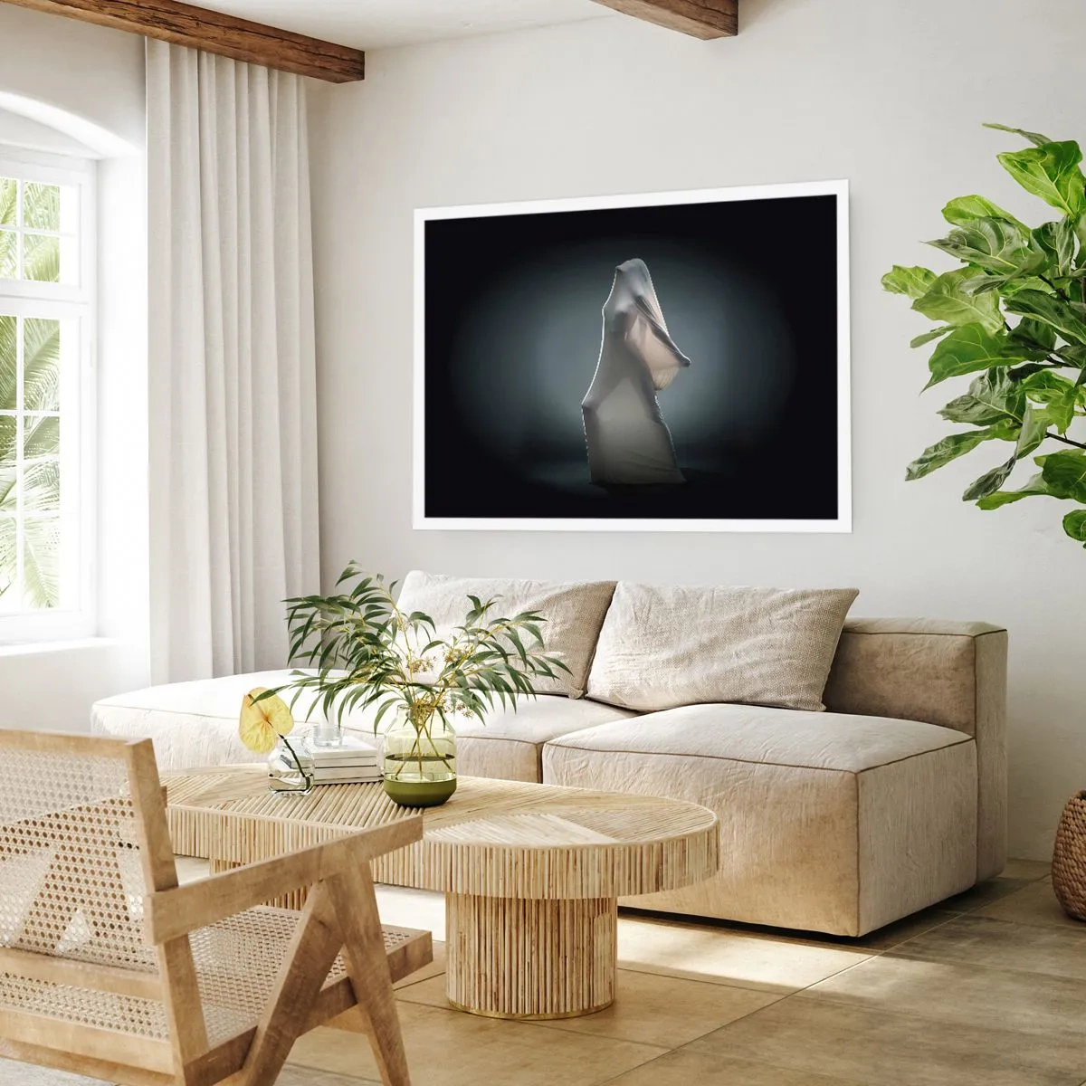 Póster - Una figura en tela blanca sobre un fondo oscuro. - 100x70cm - Deseos ocultos - Decoración de pared moderna para salón y dormitorio ARTTOR