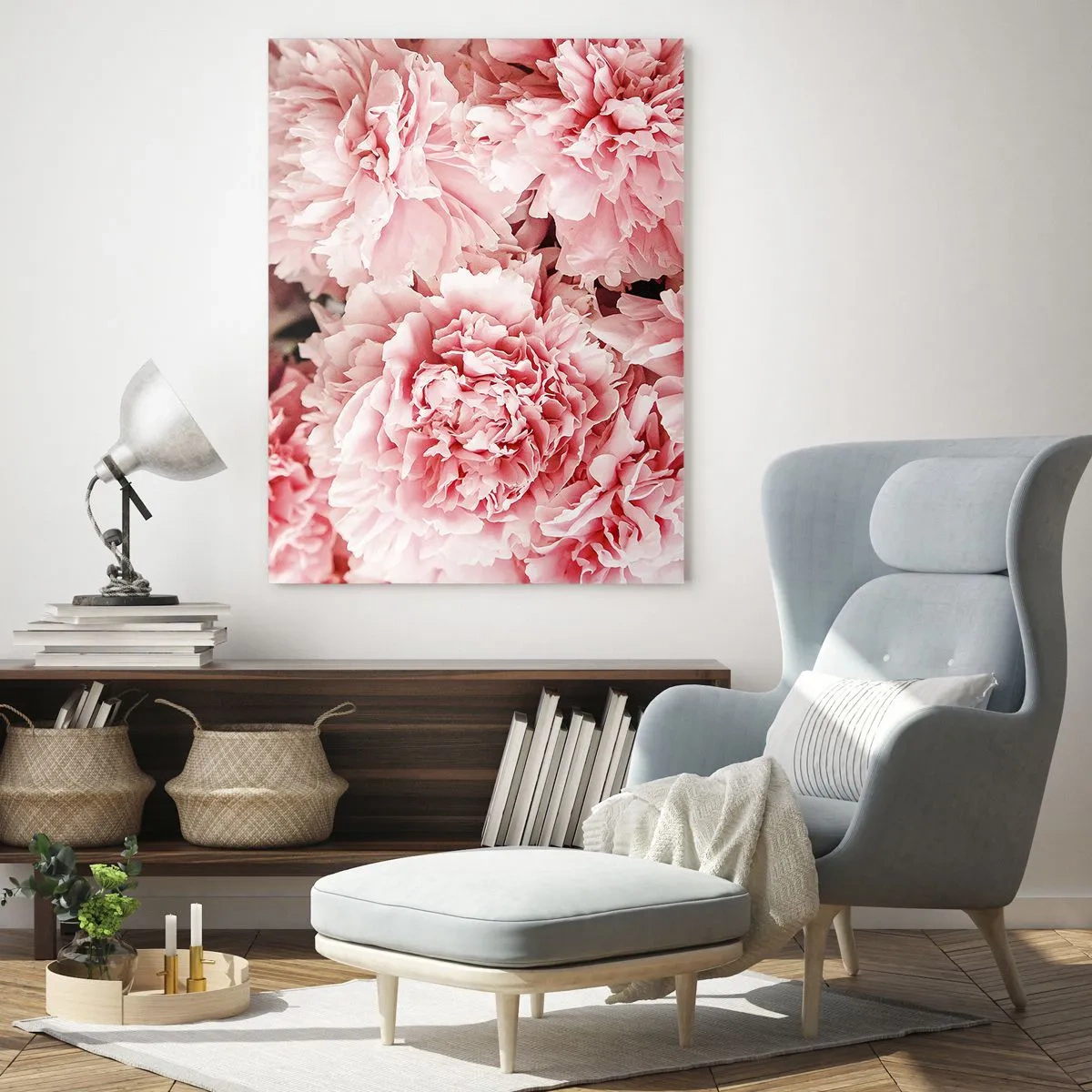 Cuadro sobre vidrio - Impresiones sobre Vidrio - Peonías rosas sutiles en un entorno delicado. - 70x100cm - Sueño rosa - Decoración de pared moderna para salón y dormitorio ARTTOR