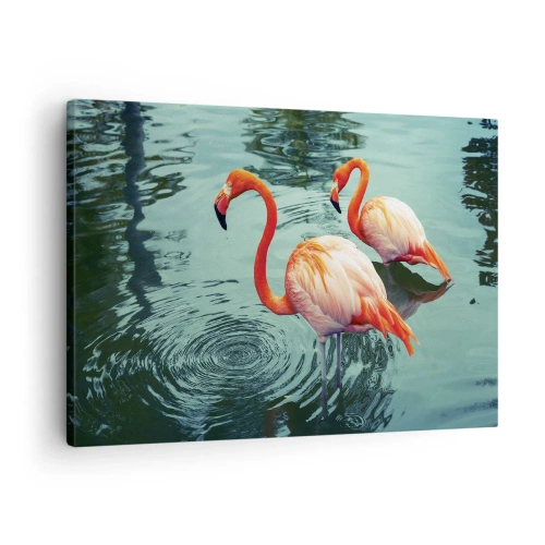 Cuadro sobre lienzo - Impresión de Imagen - Dos flamencos en el agua tranquila reflejando su entorno. - 70x50cm - Estamos de moda - Decoración de pared moderna para salón y dormitorio ARTTOR