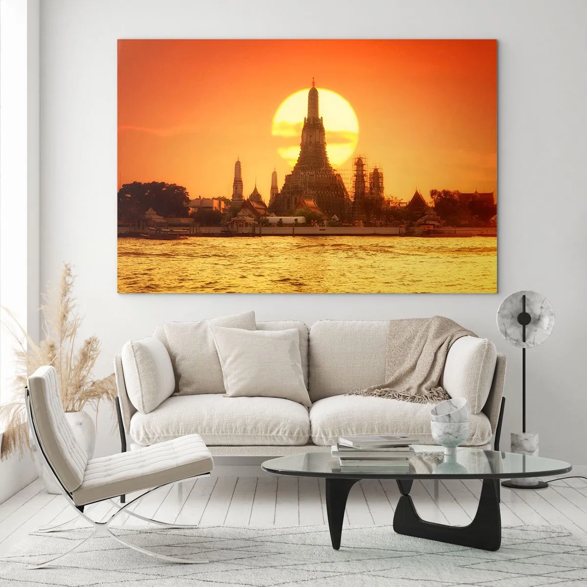 Cuadro sobre vidrio - Impresiones sobre Vidrio - Templo al atardecer sobre el río - 120x80cm - Hacia el sol, siempre hacia el sol - Decoración de pared moderna para salón y dormitorio ARTTOR