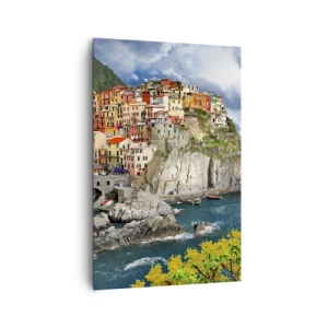 Cuadro sobre lienzo - Impresión de Imagen - Casas coloridas en un acantilado con vistas al mar en Cinque Terre - 80x120cm - En el acantilado - Decoración de pared moderna para salón y dormitorio ARTTOR