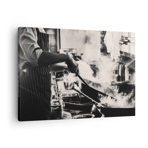 Cuadro sobre lienzo - Impresión de Imagen - Un chef trabajando en la cocina con vapor saliendo de una sartén. - 70x50cm - Alquimia de sabores - Decoración de pared moderna para salón y dormitorio ARTTOR