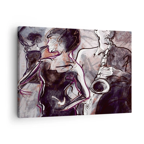 Cuadro sobre lienzo - Impresión de Imagen - Escena de jazz abstracta con un saxofonista y una mujer bailando. - 70x50cm - Fundirse en uno con la música - Decoración de pared moderna para salón y dormitorio ARTTOR