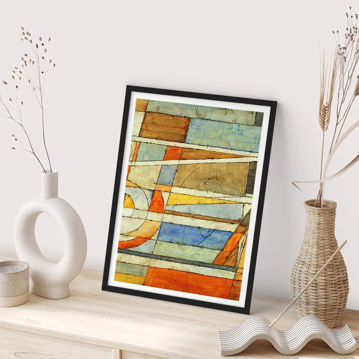 Póster en marco negro - Patrones geométricos en tonos naranja y azul. - 50x70cm - Cubismo en una obra - Decoración de pared moderna para salón y dormitorio ARTTOR