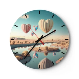 Reloj de pared - Reloj de vidrio - Globos en forma de corazón flotando sobre el río. - 30x30cm - El amor te hace volar - Decoración de pared moderna para salón, cocina y dormitorio ARTTOR