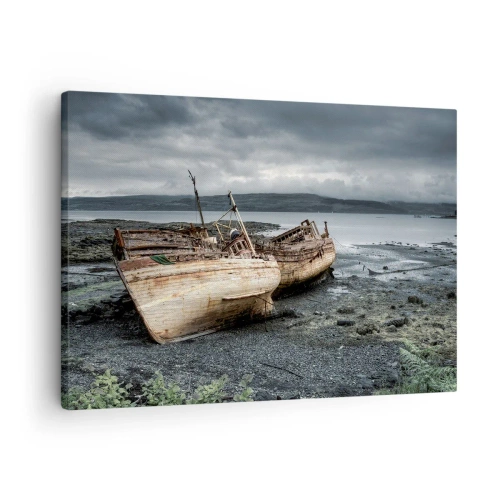 Cuadro sobre lienzo - Impresión de Imagen - Barcos abandonados en la orilla en una escena lluviosa - 70x50cm - Muestra de un trabajo dignamente realizado - Decoración de pared moderna para salón y dormitorio ARTTOR