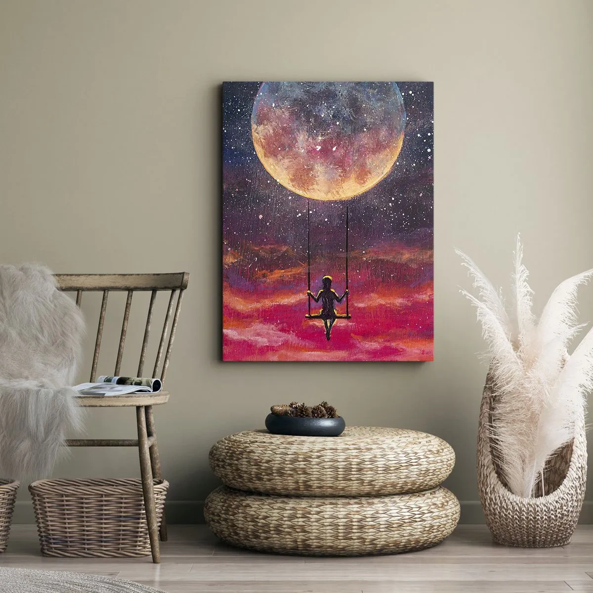 Cuadro sobre lienzo - Impresión de Imagen - Una figura en un columpio suspendido contra la luna. - 70x100cm - Disfrutar de las nubes - Decoración de pared moderna para salón y dormitorio ARTTOR