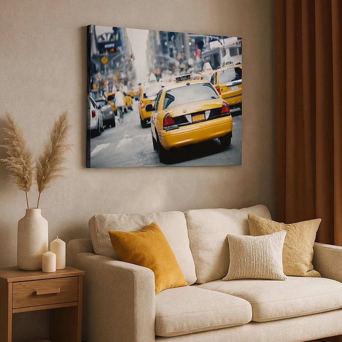 Cuadro sobre lienzo - Impresión de Imagen - Taxis amarillos en una concurrida calle de la ciudad en el centro de la metrópoli. - 70x50cm - Solo en esta ciudad - Decoración de pared moderna para salón y dormitorio ARTTOR