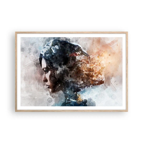 Póster en marco roble claro - Una historia sobre una niña con una ciudad de fondo - 100x70 cm