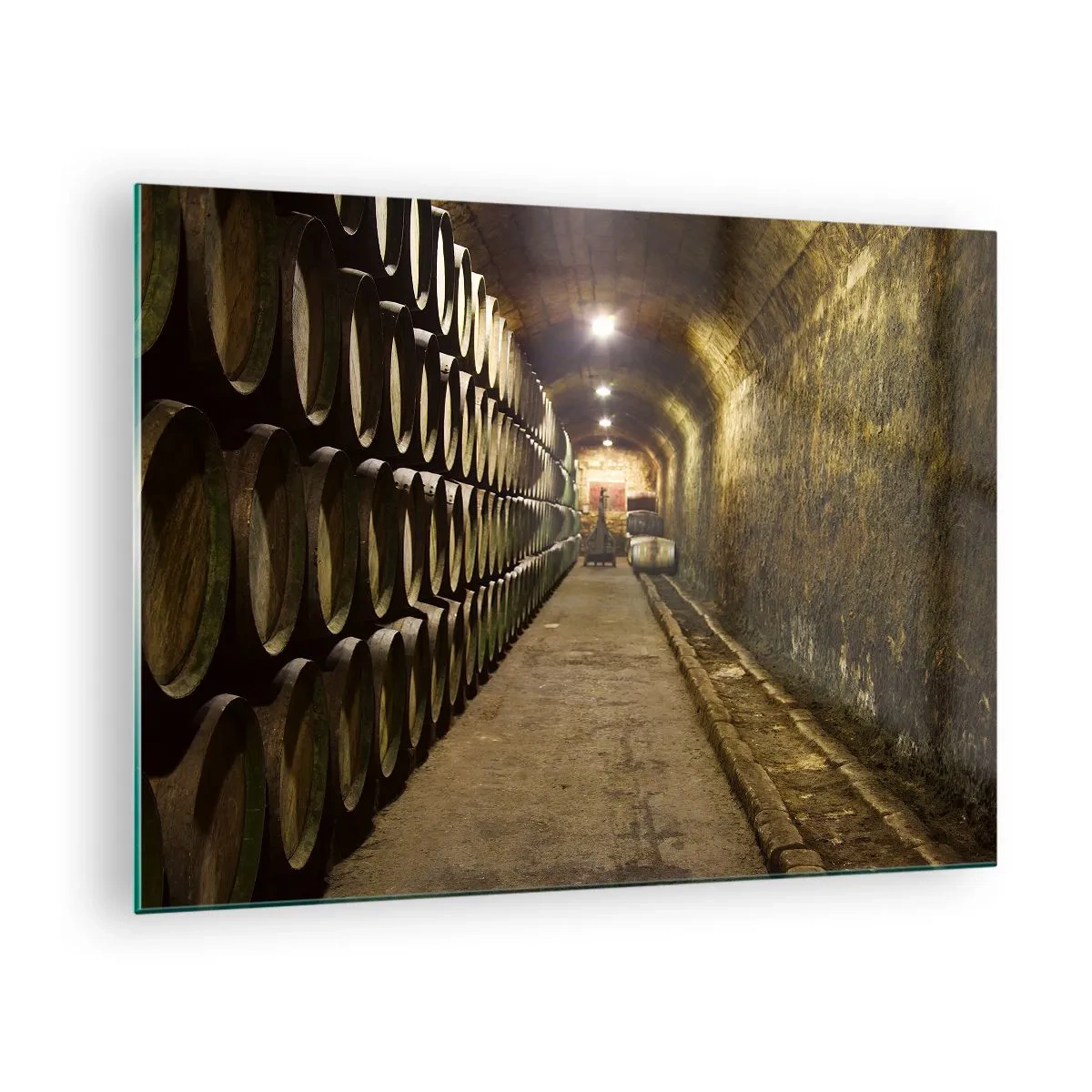 Cuadro sobre vidrio - Impresiones sobre Vidrio - Bodega con hileras de barricas - 70x50cm - El placer  - Decoración de pared moderna para salón y dormitorio ARTTOR