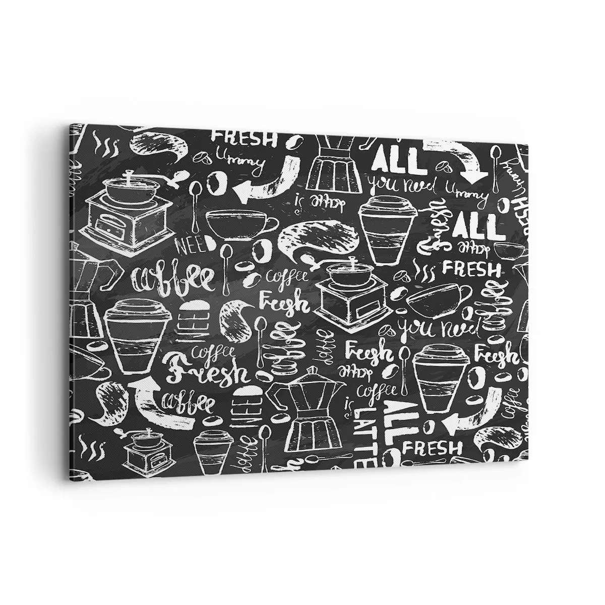 Cuadro sobre lienzo - Impresión de Imagen - Gráficos de café elegantes sobre un fondo negro. - 120x80cm - All you need is… - Decoración de pared moderna para salón y dormitorio ARTTOR
