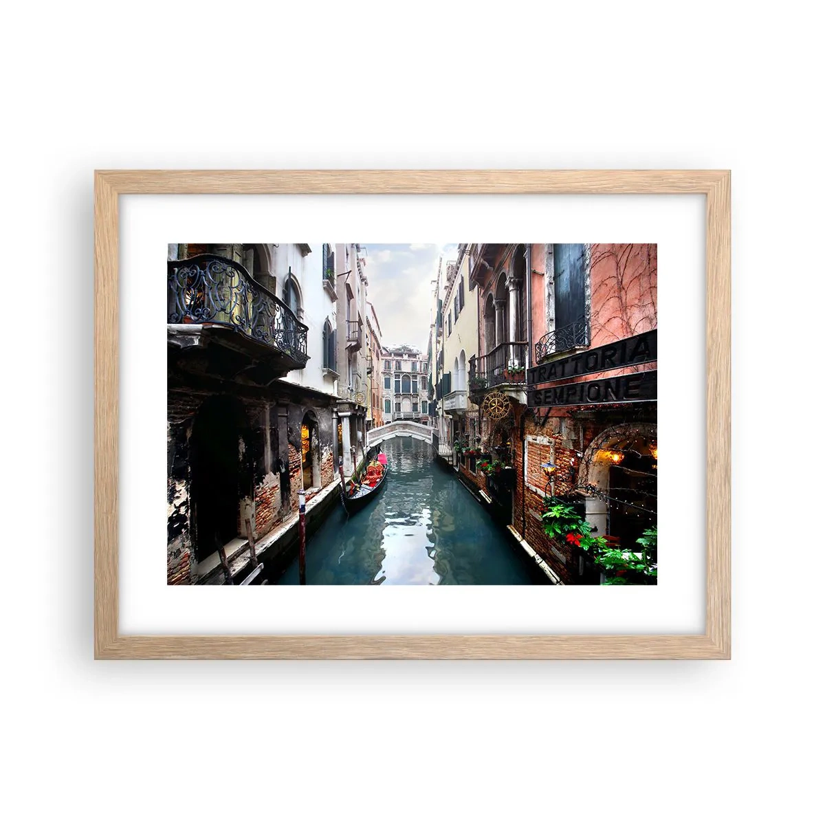 Póster en marco roble claro - Paisaje veneciano con góndola y puente - 40x30 cm