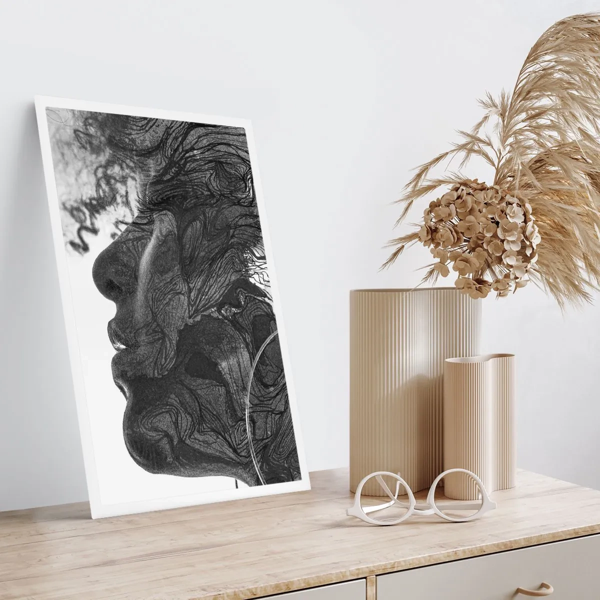 Póster - Perfil del rostro de una mujer con patrones y detalles abstractos. - 50x70cm - Enredada en sueños - Decoración de pared moderna para salón y dormitorio ARTTOR