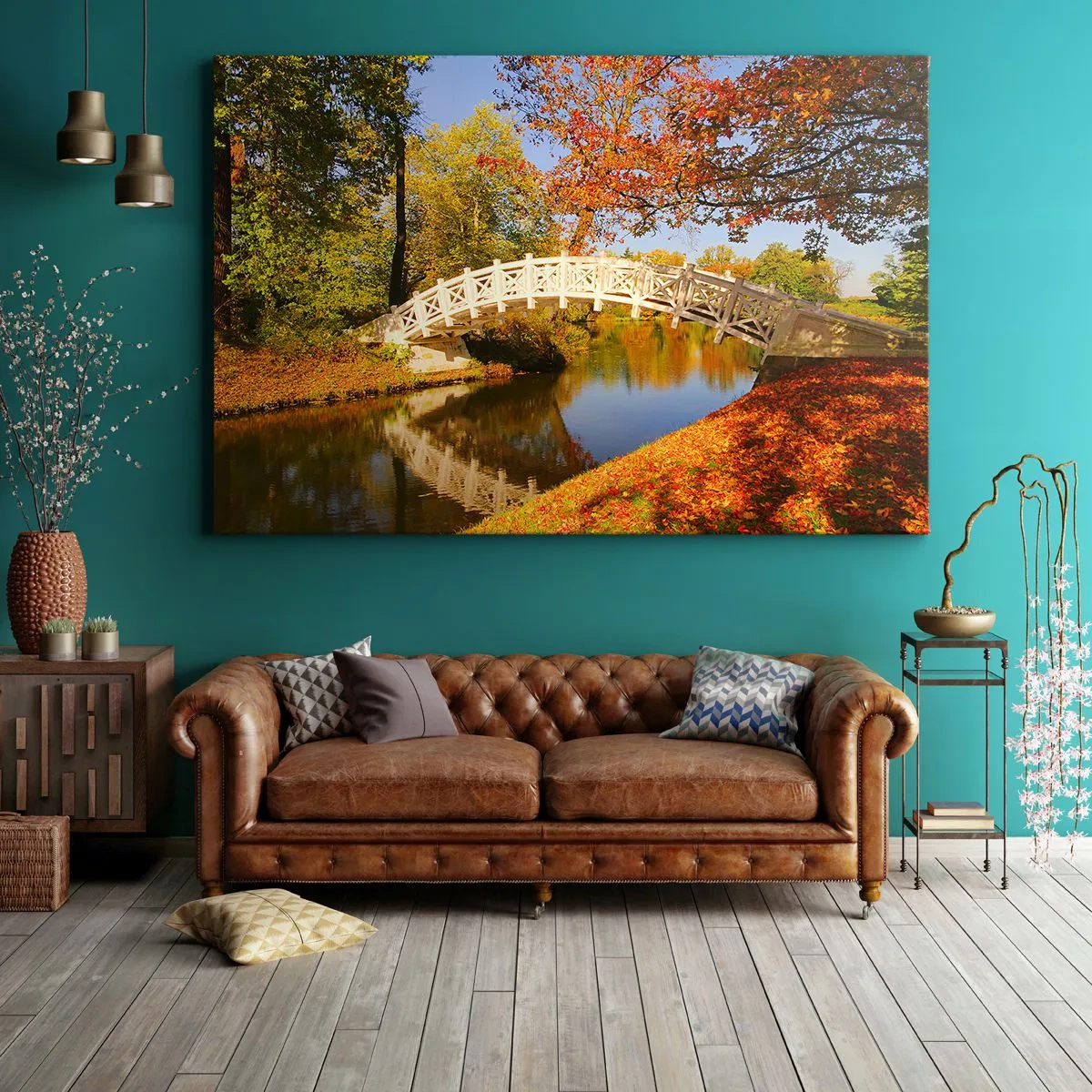 Cuadro sobre lienzo - Impresión de Imagen - Un puente en un parque rodeado de hojas otoñales sobre aguas tranquilas. - 120x80cm - En un puente blanco de suspiros - Decoración de pared moderna para salón y dormitorio ARTTOR