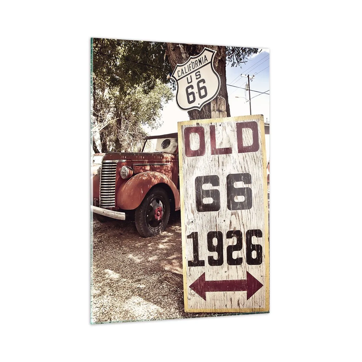 Cuadro sobre vidrio - Impresiones sobre Vidrio - Letrero antiguo y retro de la Ruta 66 - 50x70cm - Una leyenda de la América profunda - Decoración de pared moderna para salón y dormitorio ARTTOR