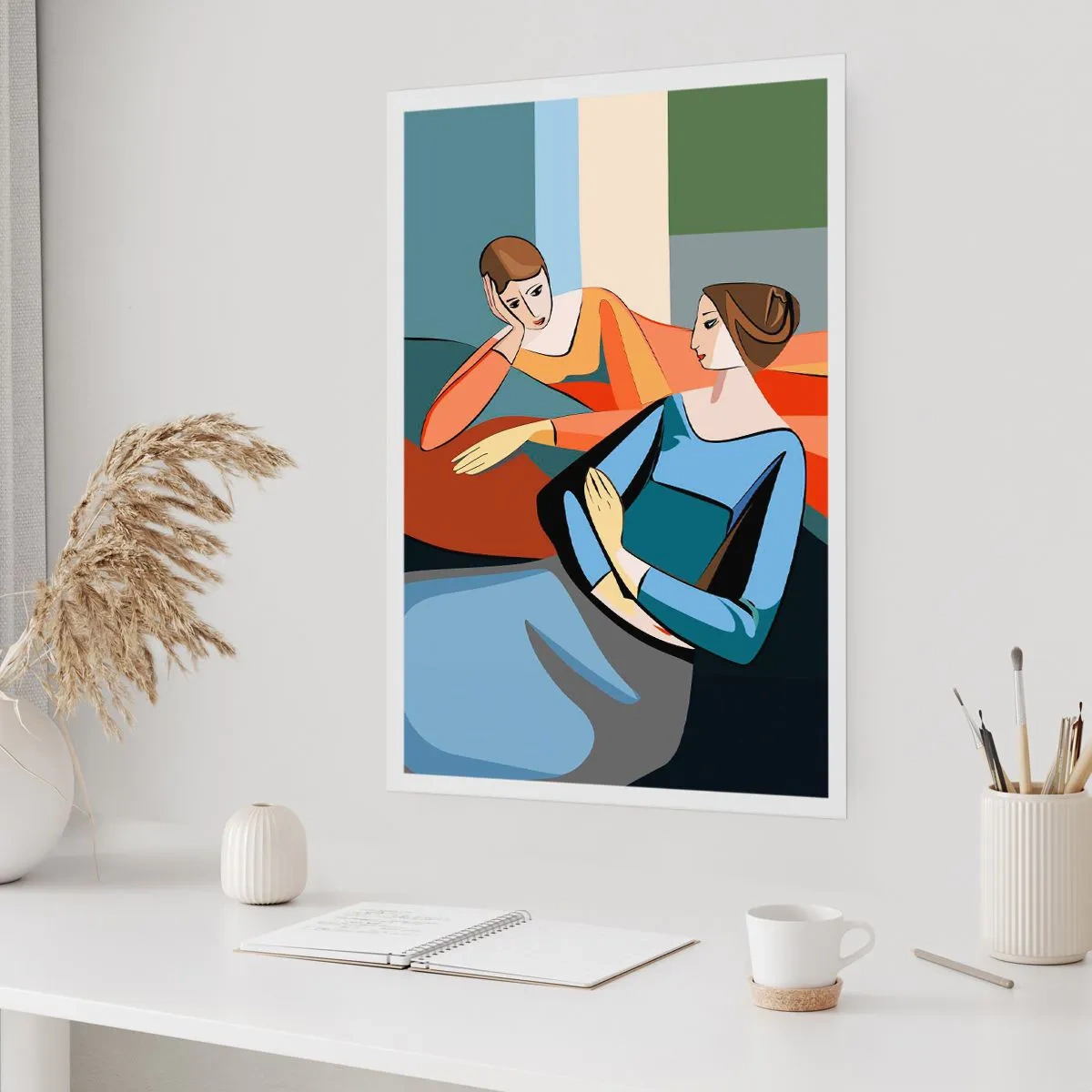 Póster - Una ilustración moderna de dos mujeres en estilo cubista. - 50x70cm - Un momento de confidencias - Decoración de pared moderna para salón y dormitorio ARTTOR
