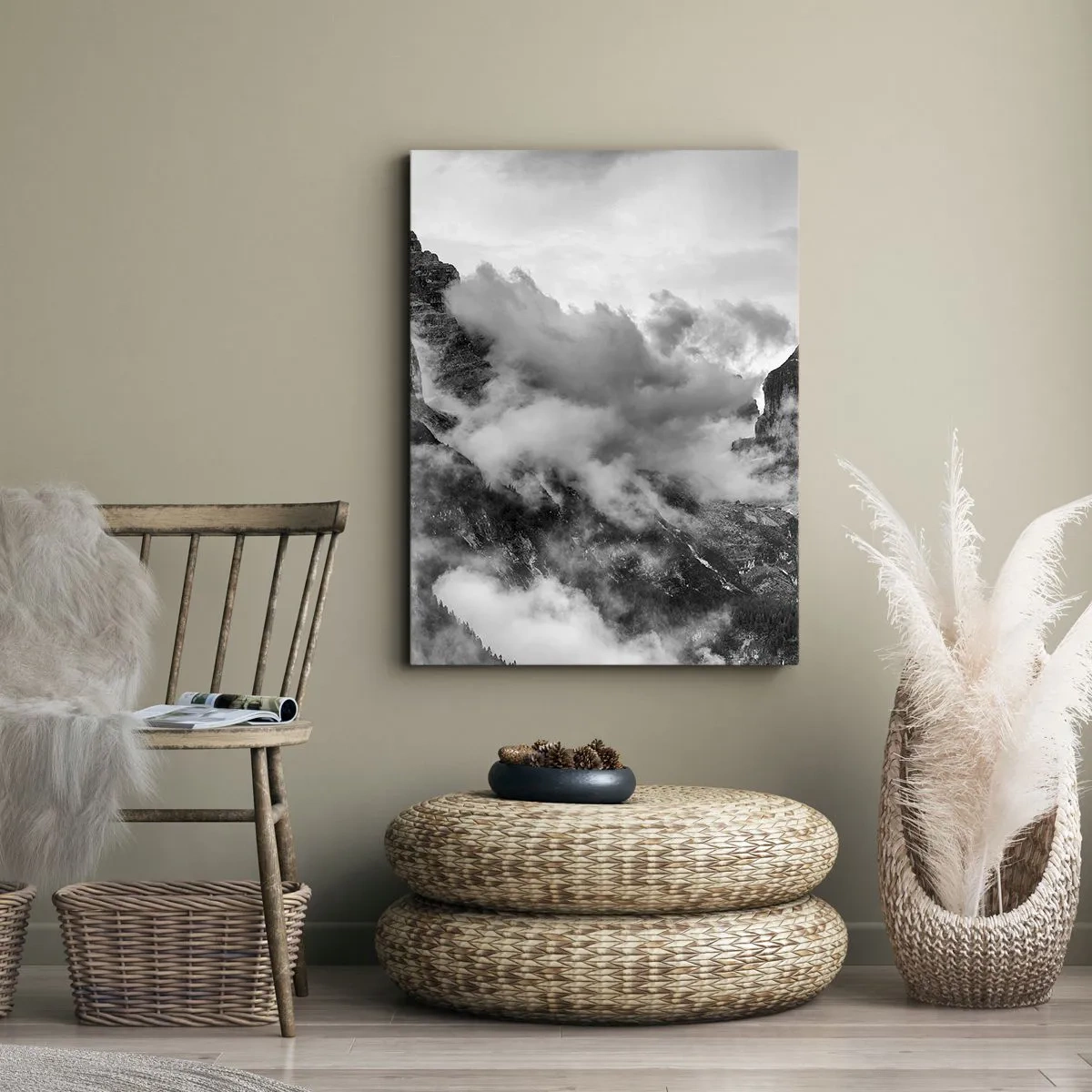 Cuadro sobre lienzo - Impresión de Imagen - Vista en blanco y negro de montañas rodeadas de nubes. - 50x70cm - Hermoso y cruel - Decoración de pared moderna para salón y dormitorio ARTTOR