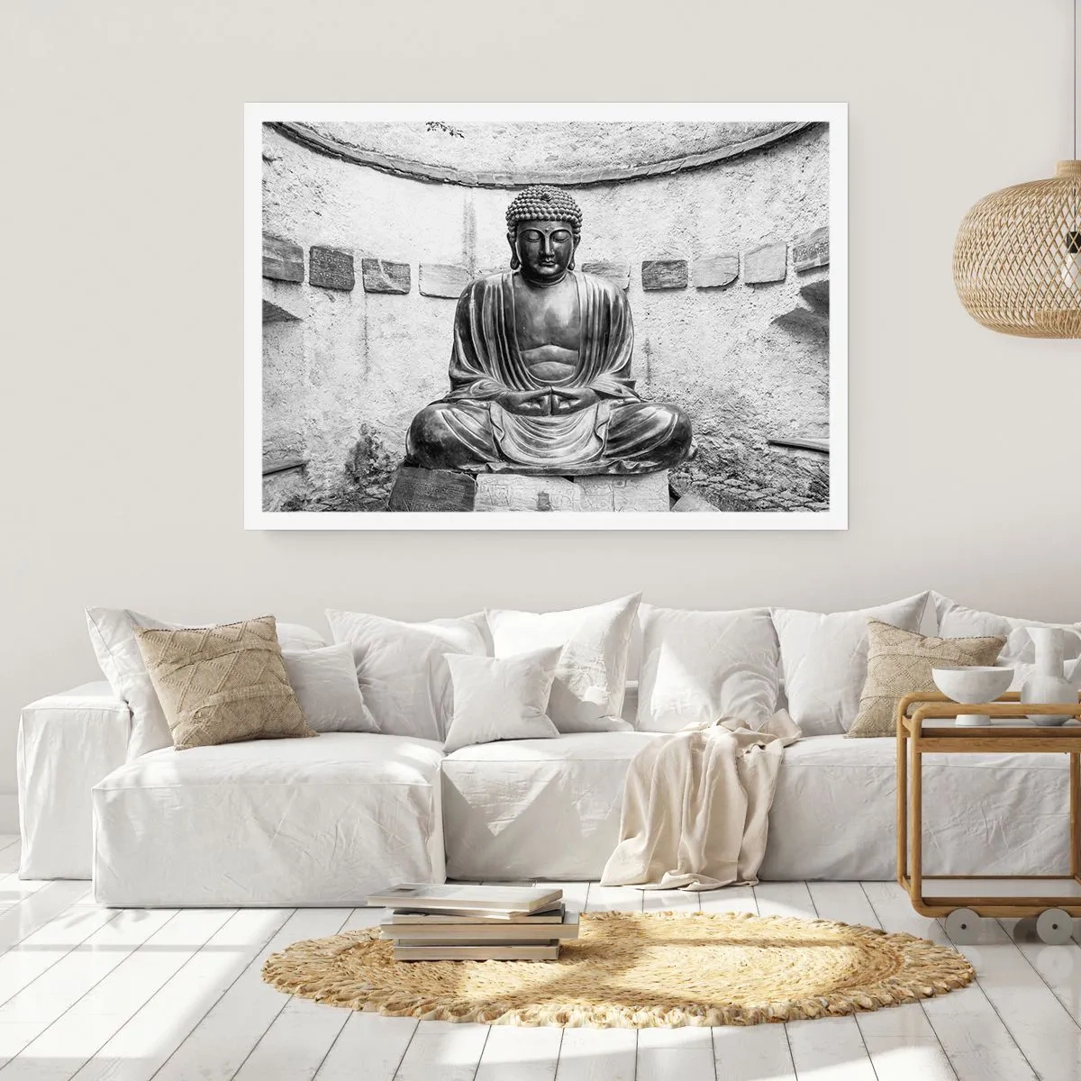 Póster - Estatua de Buda en blanco y negro en pose meditativa. - 100x70cm - En la fuente de la paz - Decoración de pared moderna para salón y dormitorio ARTTOR