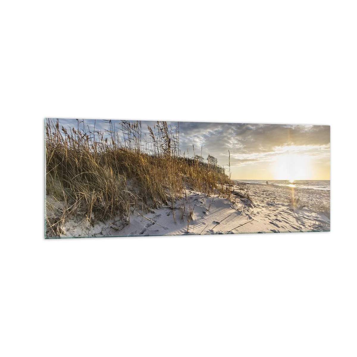 Cuadro sobre vidrio - Impresiones sobre Vidrio - Dunas con hierba y huellas en la arena al atardecer - 140x50cm - Invitación a un paseo - Decoración de pared moderna para salón y dormitorio ARTTOR