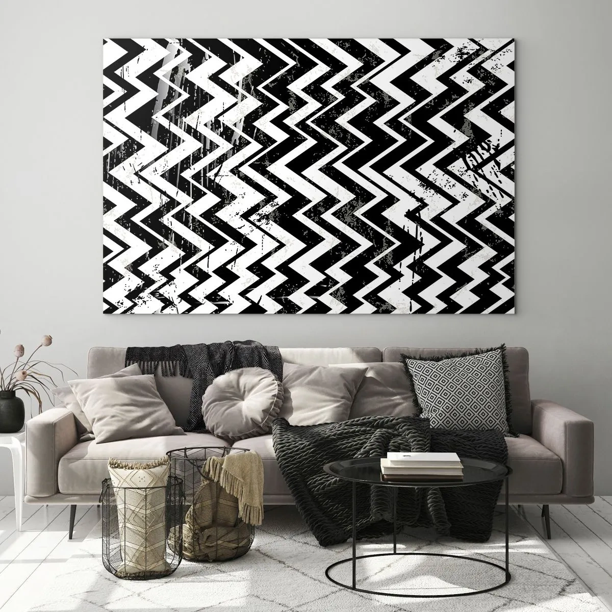 Cuadro sobre vidrio - Impresiones sobre Vidrio - Un patrón en zigzag en blanco y negro con una composición y textura dinámicas. - 100x70cm - Zig-blanco, zag-negro - Decoración de pared moderna para salón y dormitorio ARTTOR
