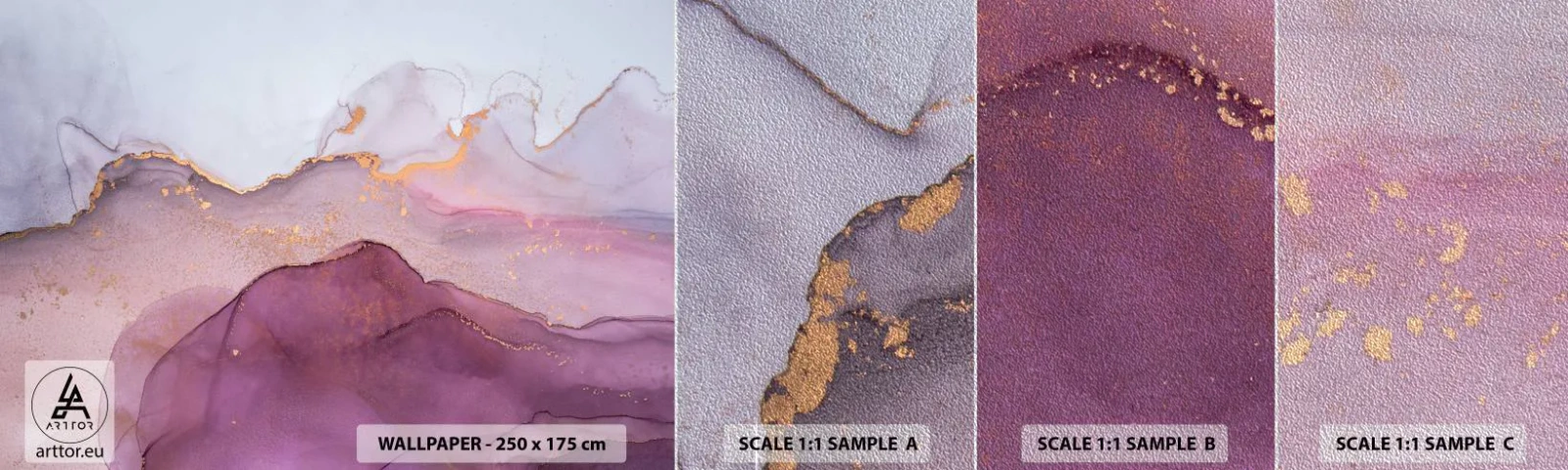 Muestra de fotomural Premium Sand - Olas de lila y púrpura - Abstracción, Pedazo, Arte Moderno. - 100x30 cm