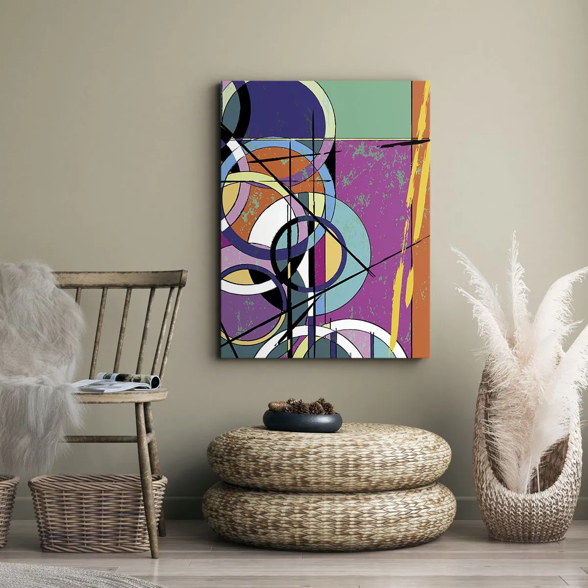 Cuadro sobre lienzo - Impresión de Imagen - Abstracción colorida con círculos geométricos. - 50x70cm - Círculo sobre círculo - Decoración de pared moderna para salón y dormitorio ARTTOR