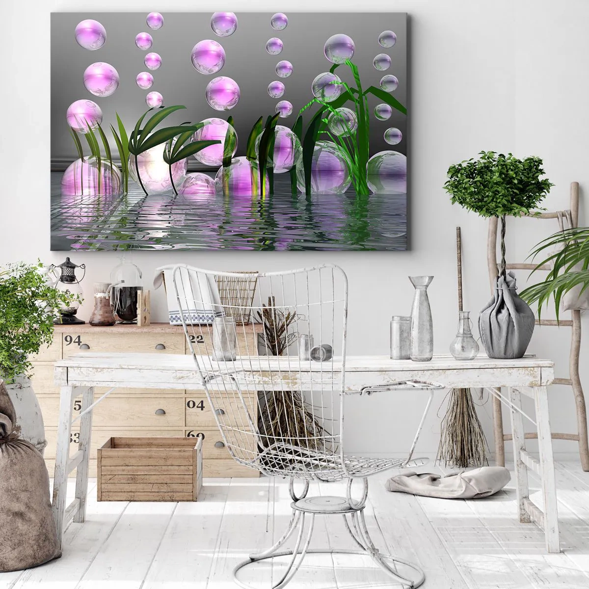 Cuadro sobre lienzo - Impresión de Imagen - Hojas verdes y burbujas rosadas sobre el agua sobre un fondo gris. - 70x50cm - Composición reflexiva de ligereza y vida - Decoración de pared moderna para salón y dormitorio ARTTOR