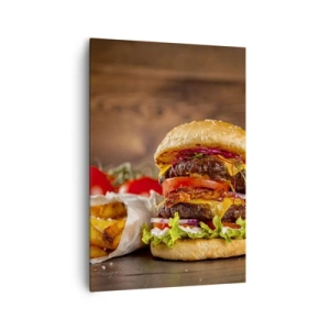 Cuadro sobre lienzo - Impresión de Imagen - Apetitosa hamburguesa con extras - 70x100cm - Fruta prohibida - Decoración de pared moderna para salón y dormitorio ARTTOR