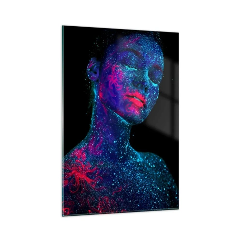 Cuadro sobre vidrio - Impresiones sobre Vidrio - Retrato de una mujer en colores neón sobre un fondo negro. - 80x120cm - En polvo de estrellas - Decoración de pared moderna para salón y dormitorio ARTTOR