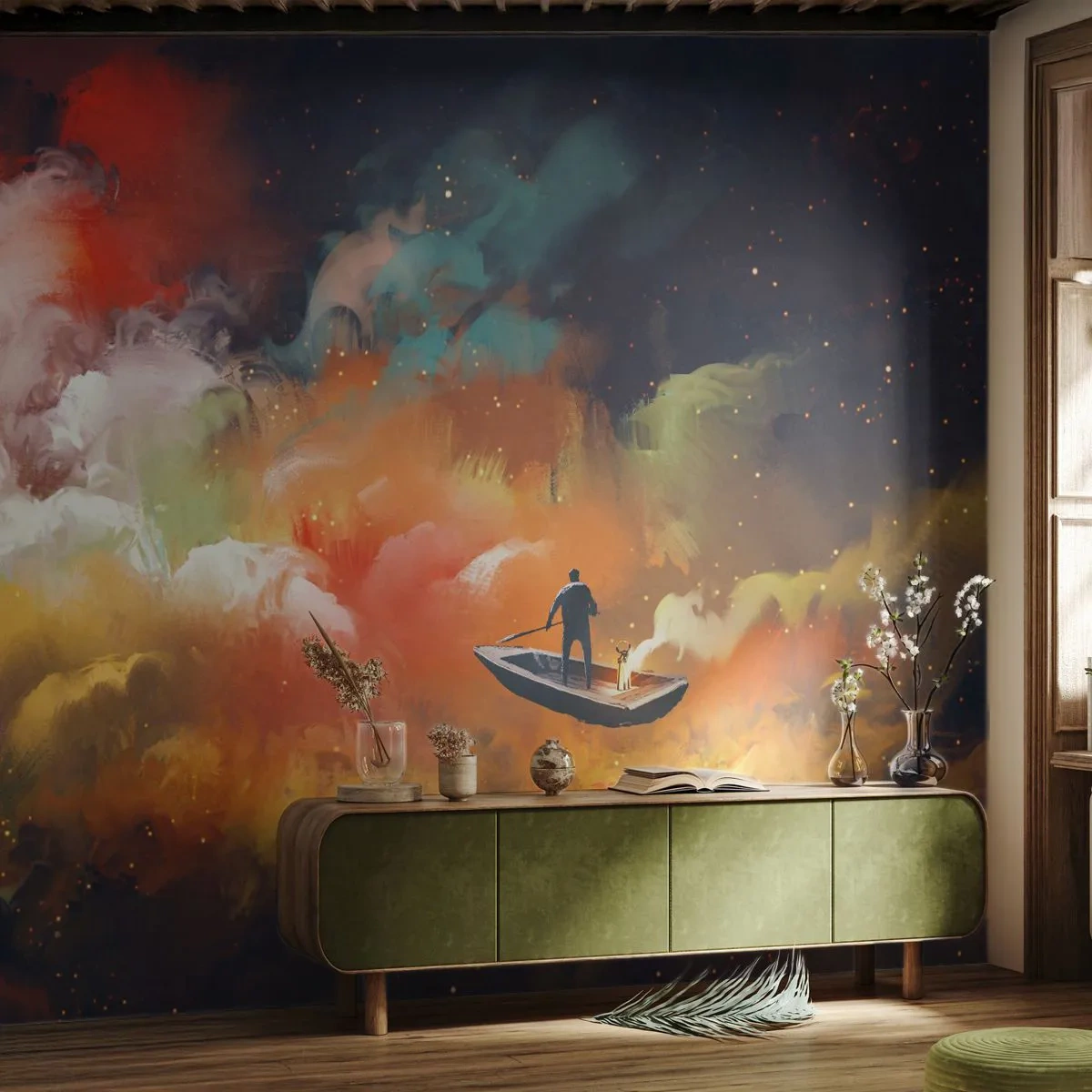 Fotomural Premium Sand - Un hombre en un barco navegando por un cielo lleno de nubes. - 100x70cm - En barco por la galaxia - Decoración de pared moderna para salón y dormitorio ARTTOR