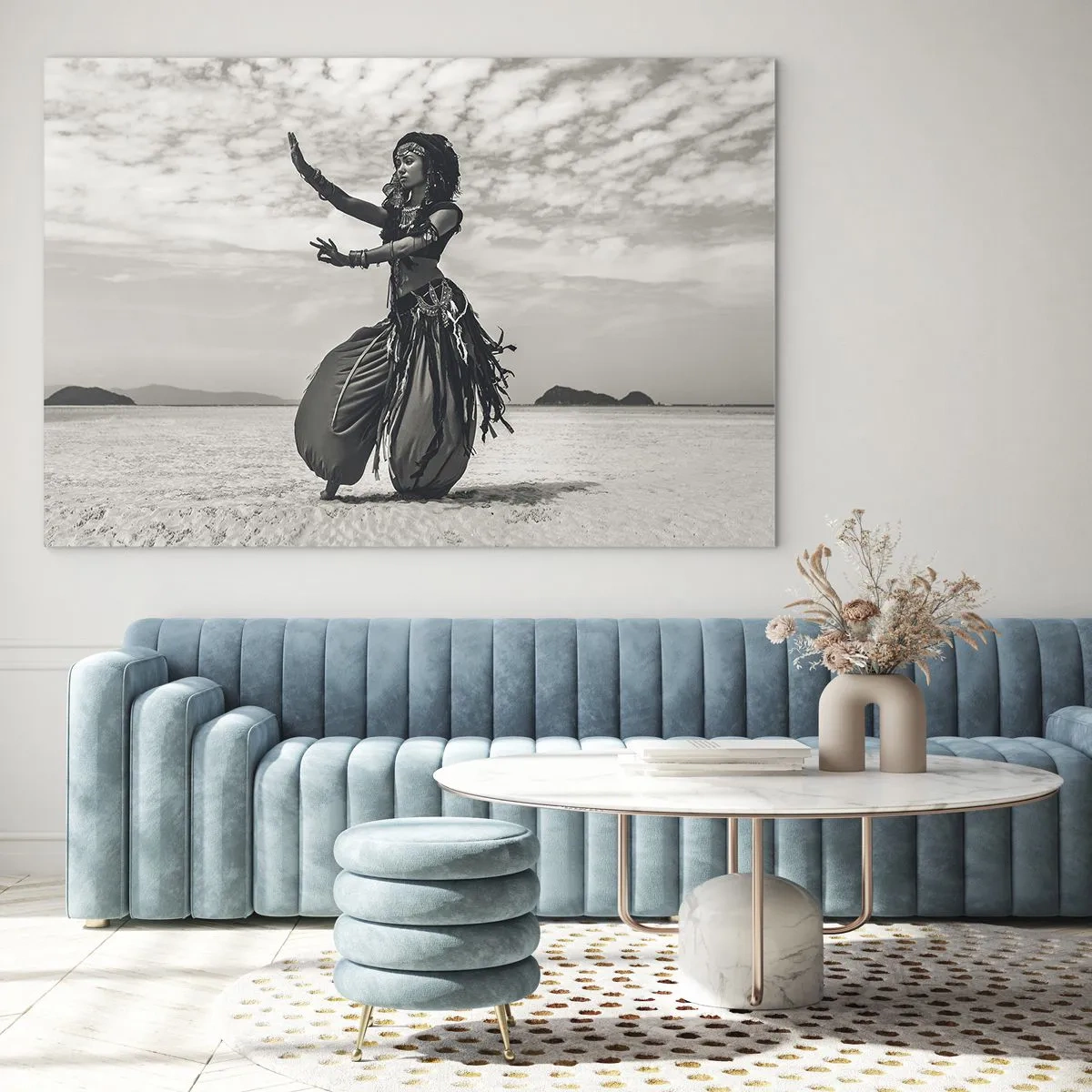 Cuadro sobre vidrio - Impresiones sobre Vidrio - Fotografía en blanco y negro de una bailarina en el desierto. - 70x50cm - Danza de las Islas del Sur - Decoración de pared moderna para salón y dormitorio ARTTOR